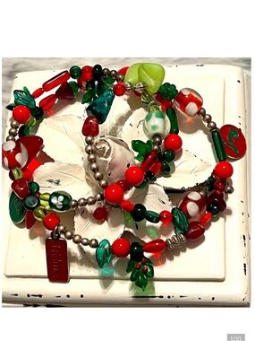 Vintage Christmas Glass Bead & Charm Coiled Bracelet